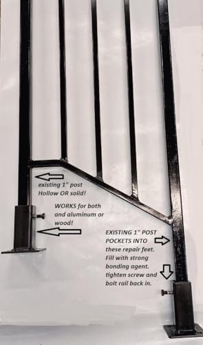 No Welding Anvil Repair Boot Rusty Black Metal Step Railing 1" Post 4" Mount -Loose Rails- Hollow or Solid Posts Slip-Fit INTO Base -Bolts & Cover Kit Handrail Brackets