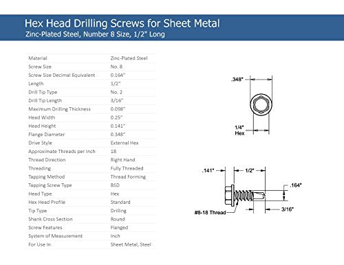 #8 x 1/2" Hex Washer Head Self-Drilling Tek Screw Zinc Plated Steel for Attaches Sheet Metal Steel or Steel to Metal - Box of 100 - size: #8-18 Thread x 1/2" Long
