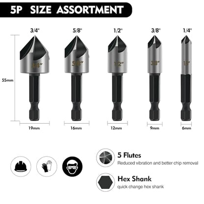 GMTOOLS 5PCS Countersink Drill Bit Set, High Speed Steel Countersink Bits, 82 Degree 5 Flute Pieces, 1/4 Inch Hex Shank, Fit for Sink Holes into Metals, Wood, Plywood, Plastic