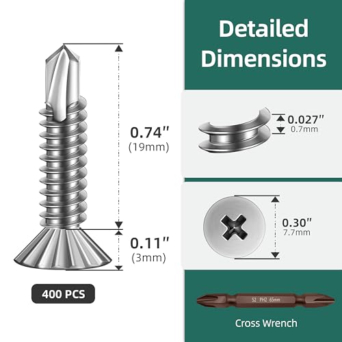 400Pcs #8 x 3/4" Self Tapping Screws for Metal, 410 Stainless Steel Serrated Flat Head Fast Self Drilling Sheet Metal Screws for Aluminum Steel Furniture Windows Ceilings Slidings Railings - size: #8 x 3/4"