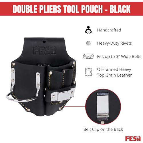 FESA Durable Leather Pliers Holster - Leather Double Plier Holder for Belt with Steel Hammer Holder, Tape Clip & 2 Carpenter's Pencil Pockets - Clip On Any Belt - Handcrafted - color: Black