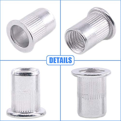 Glarks 110Pcs Aluminum Alloy M3 M4 M5 M6 M8 M10 Flat Head Metric Threaded Rivetnut Insert Nutsert Rivet Nut Assortment Kit