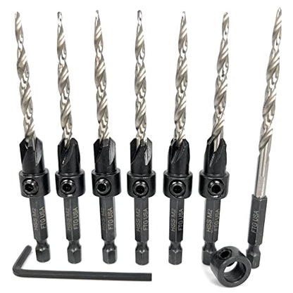 FTG USA 6Pc #10(3/16") Countersink Drill Bits and 1 Replacement Tapered Bit - size: #10 (3/16"), style: 6 Bits w/cutter + 1 Bit w/o cutter