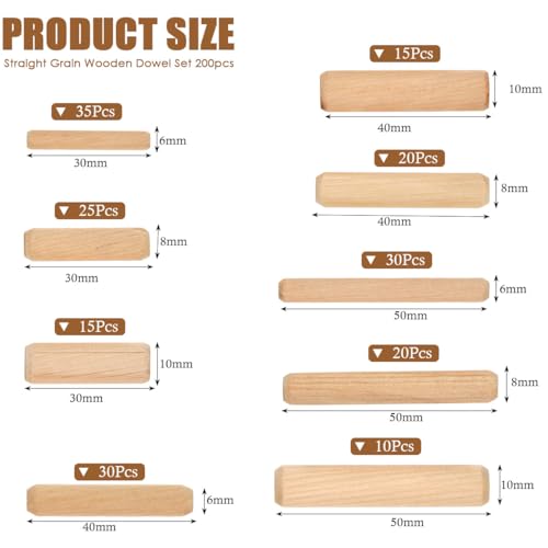 BUGYOO 200Pcs Wooden Dowel Pins with Tapered End with Bevel Angle Groove Wood Peg - 9 Sizes, Small Wooden Dowels Fluted Dowel Pins Assorted Used for Crafts, Furniture, Door, Woodworking