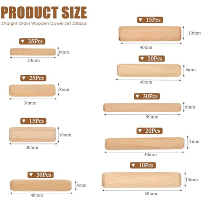 BUGYOO 200Pcs Wooden Dowel Pins with Tapered End with Bevel Angle Groove Wood Peg - 9 Sizes, Small Wooden Dowels Fluted Dowel Pins Assorted Used for Crafts, Furniture, Door, Woodworking