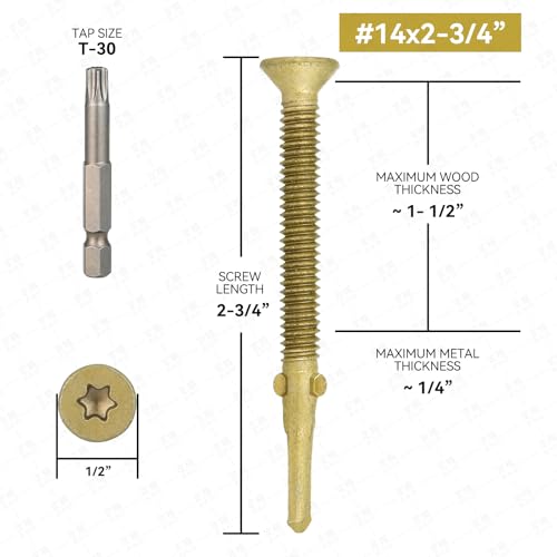25Pcs #14 x 2-3/4" Trailer Deck Screws - T30 Torx Self-Tapping Wood to Metal Screws with Reamer Tip | Heavy-Duty Fasteners for Truck Beds, Trailers & Metal Framing - size: 14 x 2-3/4-25