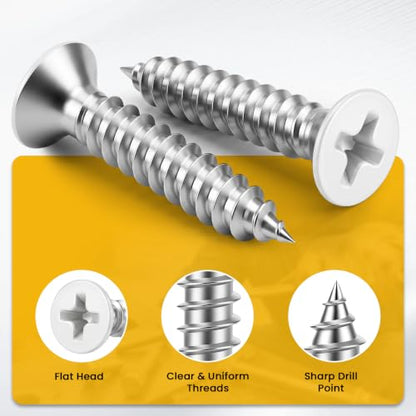#6 x 1 Flat Head Wood Screw, Sheet Metal Screws, Stainless Steel 18-8 (304), White Head, 100 PCS - color: White Head, size: #6 x 1"