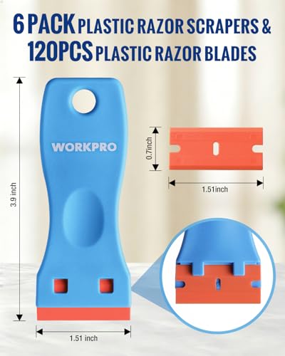 WORKPRO Plastic Razor Blade Scraper Kit, 6 Scrapers with 120 Blades - size: 6 Pack + 120 Blades