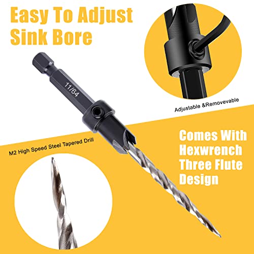Wood Countersink Drill Bit Set, Newdeli 5Pcs Countersink Drill Bit #4、6、8、10、12, Tapered Drill Bits with 1/4" Hex Shank Quick Change and Allen Wrench, Counter Sinker Drill Bit Set for Woodworking - style: 5 Sizes Set(#4、6、8、10、12)