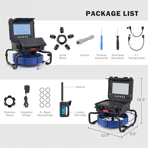 ZELCAN 10.1" Self-Leveling Sewer Camera with 512Hz Locator, Sewer Inspection Camera with 100 ft. Cable & Digital Length Counter, Rechargeable Drain Pipe Camera with Keyboard & 12 LED Lights - size: Updated 10.1 in. / 100FT