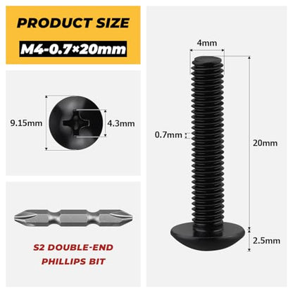 100pk M4 x 20mm Black Truss Head Machine Screws, 304 SS + Bit - size: M4-0.7 x 20mm