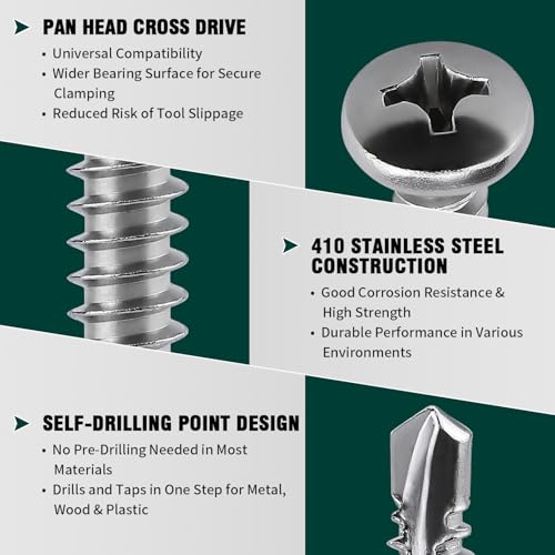 #6 x 3/4" Pan Head Self Drilling Screws, Phillips Drive, 410 Stainless Steel Sheet Metal Screws,Self Tapping, Dovetail, Pack of 100 - size: #6 x 3/4"