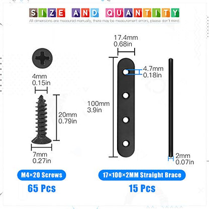 Glarks 15 Sets 100mm Flat Straight Corner Brace Black Metal Joint Plate Connector Repair Fixing Bracket with 65Pcs Screws for Wood Furniture (100x2mm) - size: 100x2mm