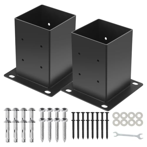 4x4 Post Base 2Pcs(Inner Size 3.55"x 3.55") Concrete Post Brackets Anchors 13 Gauge Thick Solid Steel Heavy Duty Stainless Steel Screws Black Powder Coated for Wood,Pergola,Decking,Railing - size: 4x4