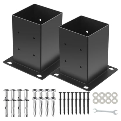 4x4 Post Base 2Pcs(Inner Size 3.55"x 3.55") Concrete Post Brackets Anchors 13 Gauge Thick Solid Steel Heavy Duty Stainless Steel Screws Black Powder Coated for Wood,Pergola,Decking,Railing - size: 4x4