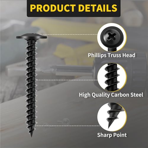Truss Head Wood Screws #8 x 1-1/4 Inch, 80PCS, FIXLINK Self Tapping Screws - color: Black, size: #8 x 1-1/4"