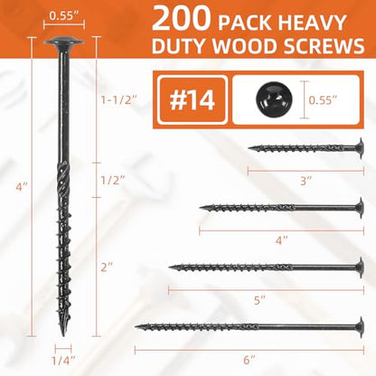 #14 x 4 Wood Structural Screws, Wood Screws, 200Pcs Lag Screws 4 Inch, Rust Resistant, Washer Head, Black Coated, Star Drive with Bit - size: #14 x 4"