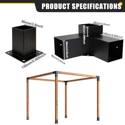 4x4 Woodworks Pergola Brackets Kit, 3-Way Corner Extension, Black Powder Coated, Metal Brackets for Wood Beams, Fence, Carport (Actual: 3.5"x3.5") - size: 8PCS 3-Way 4*4 SET