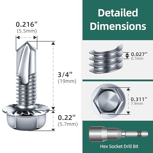 50Pcs #12 x 3/4" Sheet Metal Screws, Zinc Serrated Flanged Hex Head Self Drilling Screw, Diamond Point Self Tapping Screws, 410 Stainless Steel Fast Tapping with Socket - color: Silver, size: #12 x 3/4"