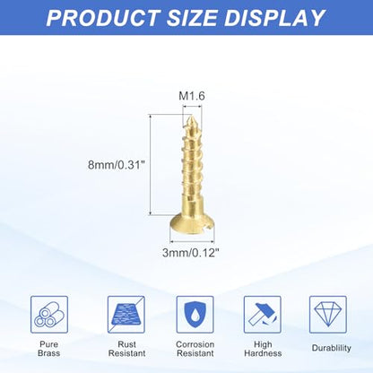 MECCANIXITY 20 Pcs Brass Screws, M1.6 x 8mm Solid Slotted Drive Flat Head Self-Tapping Wood Screw Fasteners for Woodworking Furniture Repair Photo Frame Drywall Home Appliances, Gold - size: M1.6 x 8mm