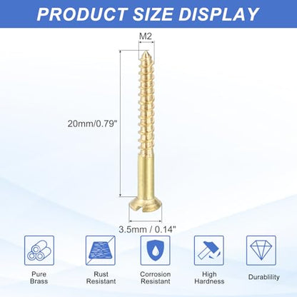 MECCANIXITY 20 Pcs Brass Screws, M2 x 20mm Solid Slotted Drive Flat Head Self-Tapping Wood Screw Fasteners for Woodworking Furniture Repair Photo Frame Drywall Home Appliances, Gold - size: M2 x 20mm