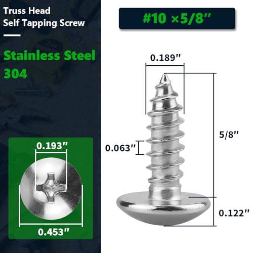 #10 x 5/8" Stainless Steel Truss Head Self Tapping Screws, 304 SS (18-8), Phillips Drive, Corrosion Resistant Screws for Wood, Metal & Sheet Metal Projects, 50 Pack - size: #10 x 5/8"