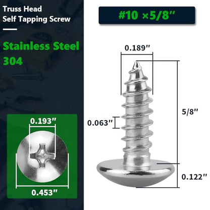 #10 x 5/8" Stainless Steel Truss Head Self Tapping Screws, 304 SS (18-8), Phillips Drive, Corrosion Resistant Screws for Wood, Metal & Sheet Metal Projects, 50 Pack - size: #10 x 5/8"