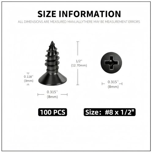#8 x1/2 [100 Pack] Flat Head Phillips Drive Self Tapping Screws, Sheet Metal Screws, Black Oxide, 304 Stainless Steel (18-8), Corrosion Resistant Screw for Wood, Sheet Metal and More - size: #8 x1/2