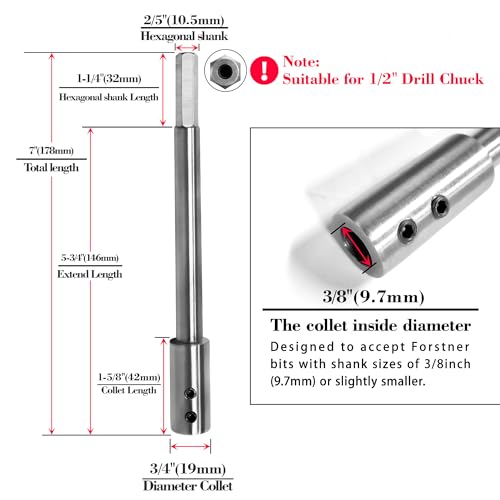 7" Ship Auger Extension Forstner Drill Bit Extension Accepts 3/8" Shank - size: 7 inch Extra Long for 3/8 inch Shank