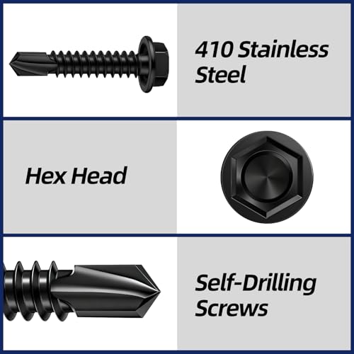 #10 x 2 (1/2" to 3" Available) Hex Washer Head Self Drilling Sheet Metal Screws with Drill Point, Stainless Steel 410, Black Oxide, 50 PCS - color: Black, size: #10 x 2"