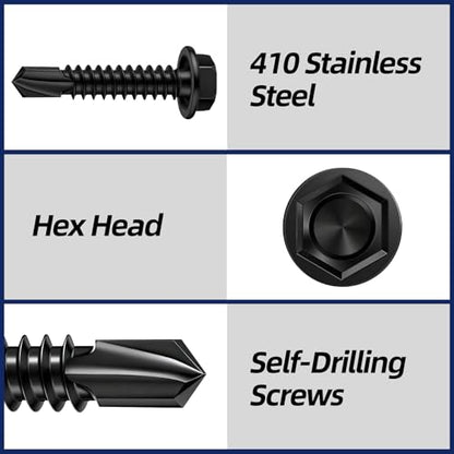 #10 x 2 (1/2" to 3" Available) Hex Washer Head Self Drilling Sheet Metal Screws with Drill Point, Stainless Steel 410, Black Oxide, 50 PCS - color: Black, size: #10 x 2"
