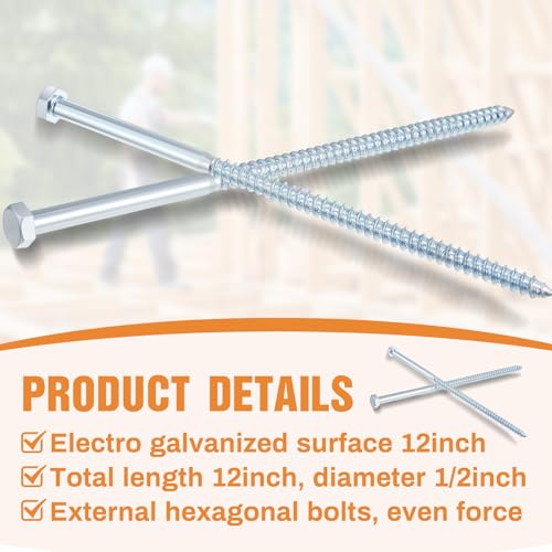 Tandefio (15 Pack) 1/2" x 12" Lag Bolt for Wood Heavy Duty Lag Screws Zinc Plated 1/2 x 12 Inch Hex Head Lags Bolts Galvanized Partial Thread Bright Finish Outdoor Camping Trip to Hold Down Tent - size: 1/2" x 12"