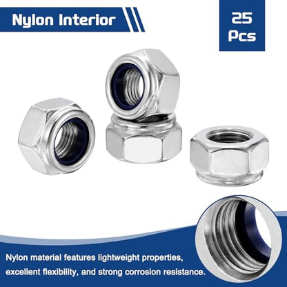 25Pcs M12-1.25 Nylon Locking Hex Nuts 304 StainlessSteel Silver - color: Silver, size: M12x1.25mm