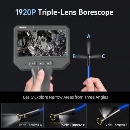 Triple Lens Endoscope Camera with Light, 1080P Inspection Borescope