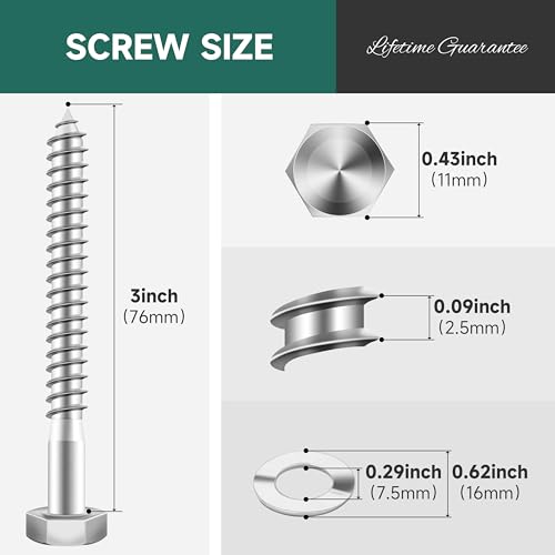 (20Sets) 1/4 20 Bolt, 1/4" x 3" Hex Head Lag Bolts, Heavy Duty Lag Screws with Washers, 304 Stainless Steel 18-8, 1/4 Bolt for Wood, Partial Thread - size: 1/4" x 3"