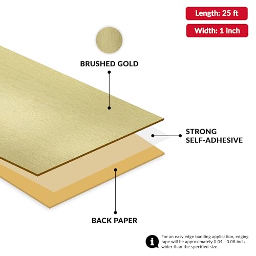 Brushed Gold PVC 1 inch x 25 ft Edge Banding Peel Stick Tape Adhesive Metal Edging Veneer Aluminum Trim Flexible Strip Molding MDF Wood Cabinet Laminate Shelf Furniture Countertop Formica Plywood - color: Brushed Gold, size: 1 inch x 25 ft