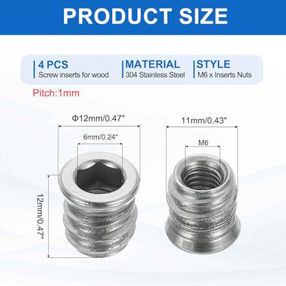 MECCANIXITY 4Pcs Threaded Inserts Nuts, M6x12mm Hex Socket Drive Nut Inserts for Wood - 304 Stainless Steel Screws Furniture Screw in Nuts Bolt Fastener Connector Wood - size: M6x12mm