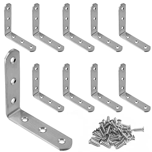 10 Pcs Stainless Steel Corner Brace, 80 x 80 mm L Bracket 90 Degree Right Angle Bracket Fastener Shelf Bracket, Brushed Finish, Thicken Corner Bracket - size: 80x80mm