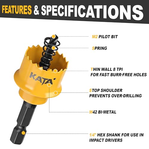 KATA 7/8" Bi-Metal Thin Wall Hole Saw for Thin-Gauge Metal, Plastic, PVC - color: Yellow (7/8")