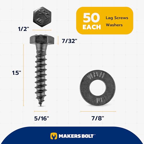 5/16 x 1-1/2 (50 Pack) Lag Screw Kit, 50 Screws and 50 Washers, Ceramic Black Ruspert Coating for Exterior Use, Meets ASTM A307 and ASME B18.2.1, Industrial/Commerical Grade by Makers Bolt - size: 5/16 x 1-1/2