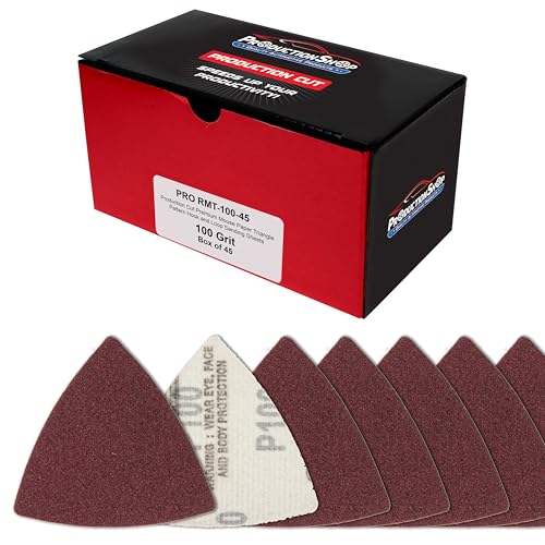 ProductionShop Premium 100 Grit Triangle Mouse Detail Sander Sandpaper Sheets, Box of 45 - Hook & Loop, Triangular Shaped Mouse Disc Pads - Oscillating Multi-Tools - Woodworking, Sand Furniture Paint - style: 100 Grit