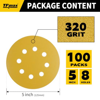 100PCS 5 Inch 320 Grit 125mm 8 Hole Sanding Discs Sandpaper - Premium Gold Round Hook and Loop for Random Orbital Sander - Ideal for Wood, Metal, Automotive - style: 320 Grit - 100 Pack