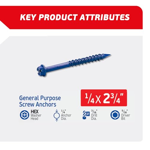 1/4 x 2-3/4" Hex Head Blue Concrete Screw Anchors (100 pcs Screw Kit) with one Screwdriver and Drill Bit for Concrete, Masonry, Block, Brick and Wood Fastening - size: 1/4 x 2-3/4"