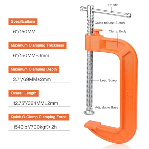 Lytool 6 Inch Quick Release C Clamp, Heavy Duty G Clamp for Woodworking