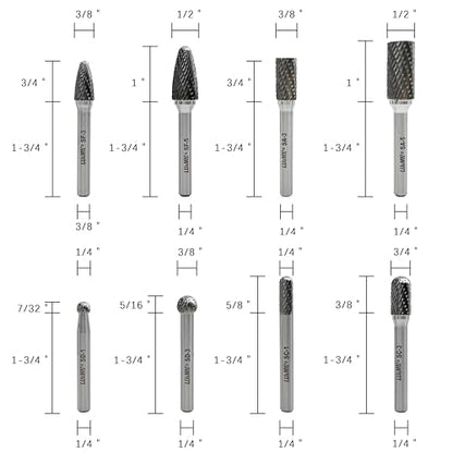 LU&MN Tungsten Carbide Burr Set, 1/4" Shank, 8 Pcs - style: 8PCS -1/4" Shank