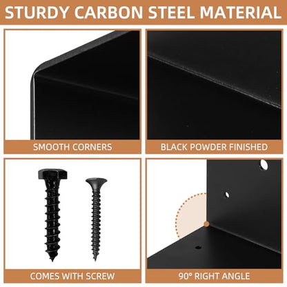 4 Pack 5" Black Corner Brackets Support, 6" x 6" x 5" Heavy Duty L Right Angle Bracket Corner Brace for Timber Wood Furniture Connector