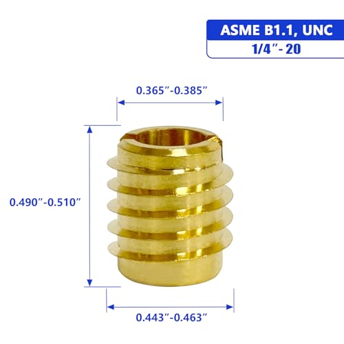 1/4"-20 Threaded Insert for Hard-Wood, Brass Knife Thread Inserts, 1/4"-20 Internal Threads, 0.5" Length, Pack of 25