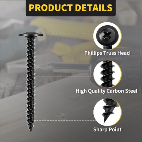 Truss Head Wood Screws #8 x 1-5/8 Inch, 60PCS, FIXLINK Self Tapping Screws - color: Black, size: #8 x 1-5/8"