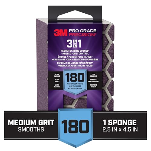 3M Pro Grade Precision 3-in-1 Sanding Sponge, 180 Grit Medium, for Woodworking, Drywall Prep, and Refinishing, 2.5 in x 4.5 in x 1 in - size: 2.5 in x 4.5 in x 1 in - 1 Sponge, style: 180 Grit Medium
