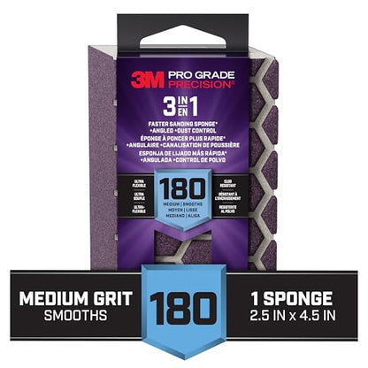 3M Pro Grade Precision 3-in-1 Sanding Sponge, 180 Grit Medium, for Woodworking, Drywall Prep, and Refinishing, 2.5 in x 4.5 in x 1 in - size: 2.5 in x 4.5 in x 1 in - 1 Sponge, style: 180 Grit Medium